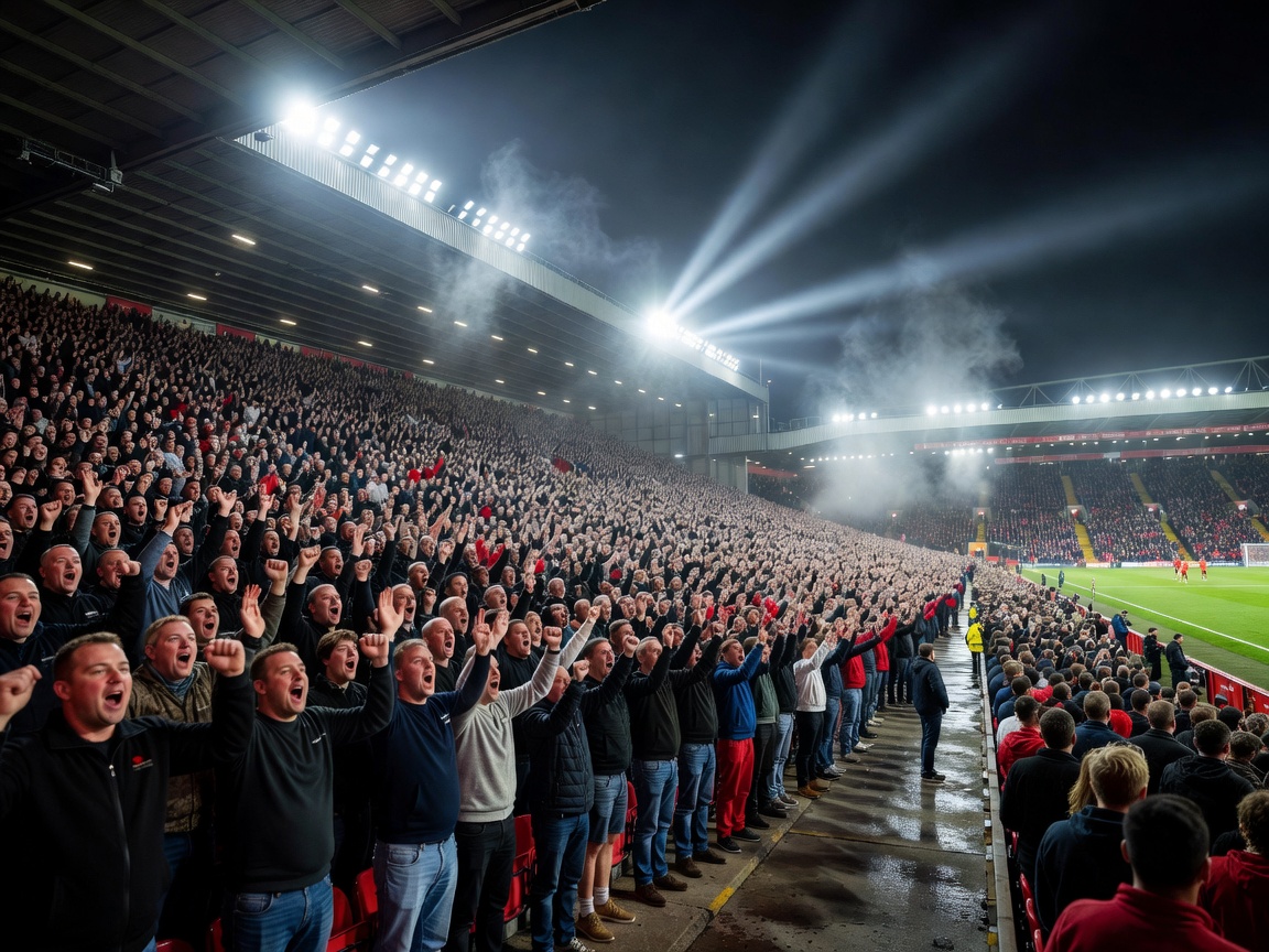 Anfield Stadium Kop Stand floodlights matchday view